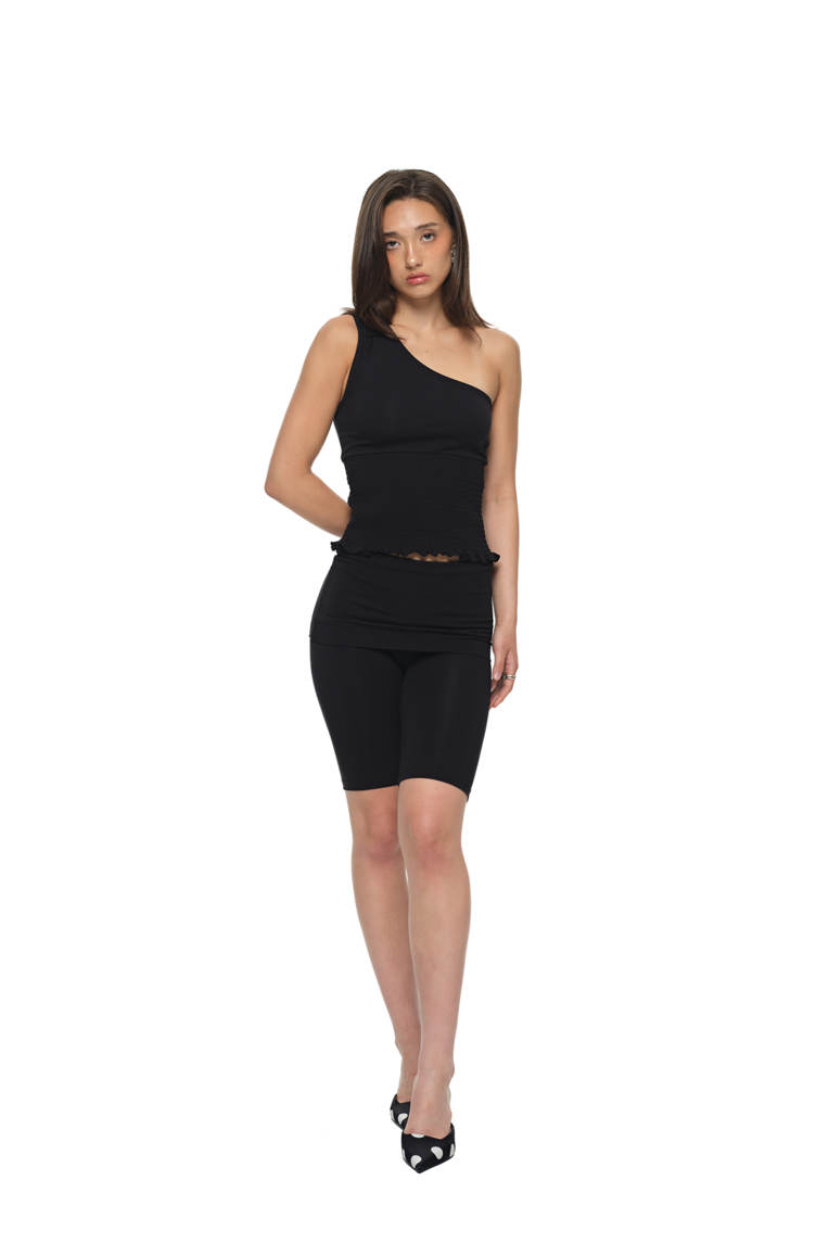 SMOCKED ONE SHOULDER TOP (BLACK)