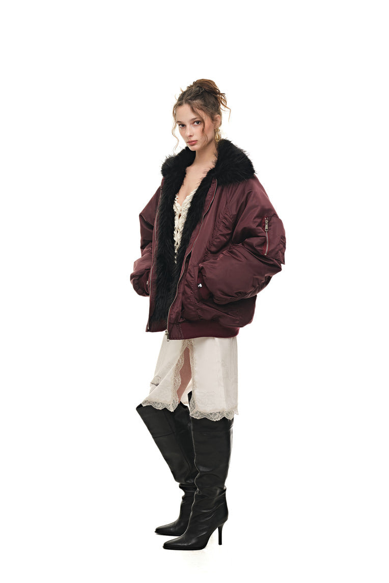 FAUX FUR 02 BOMBER JACKET (BURGUNDY) - 5