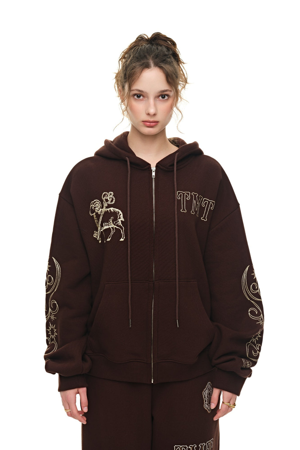 ORNAMENT 03 STITCH ZIP-UP HOODIE (BROWN) - 1