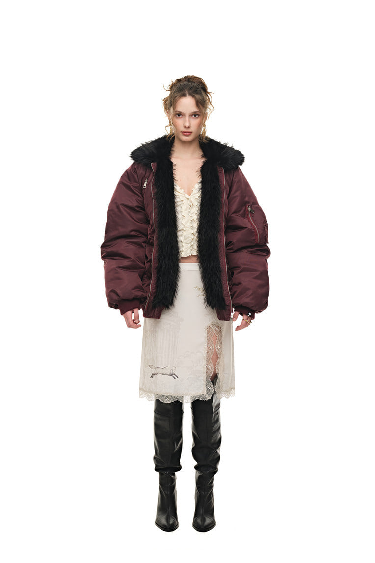 FAUX FUR 02 BOMBER JACKET (BURGUNDY) - 2