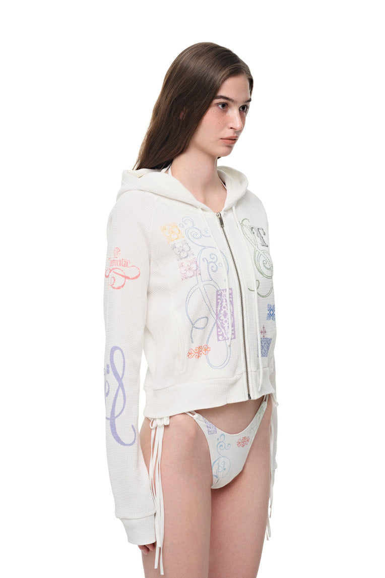FOLK PATTERN CROP WAFFLE ZIP-UP HOODIE (WHITE)