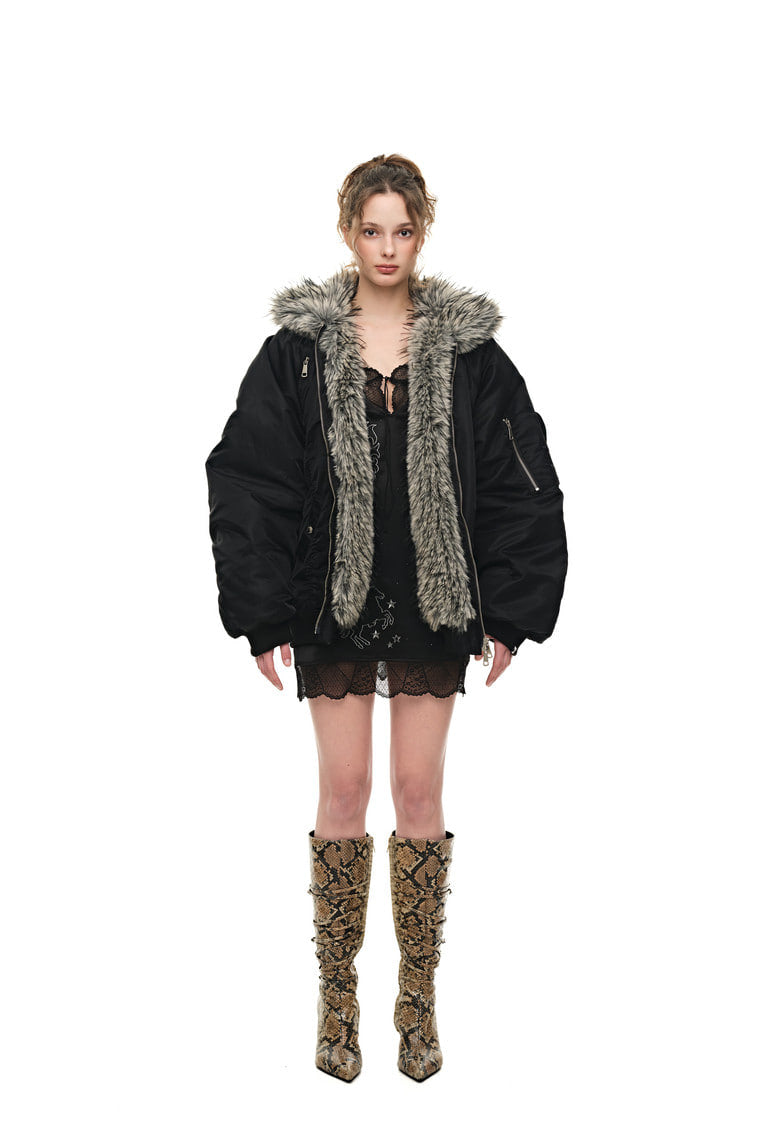 FAUX FUR 02 BOMBER JACKET (BLACK) - 2