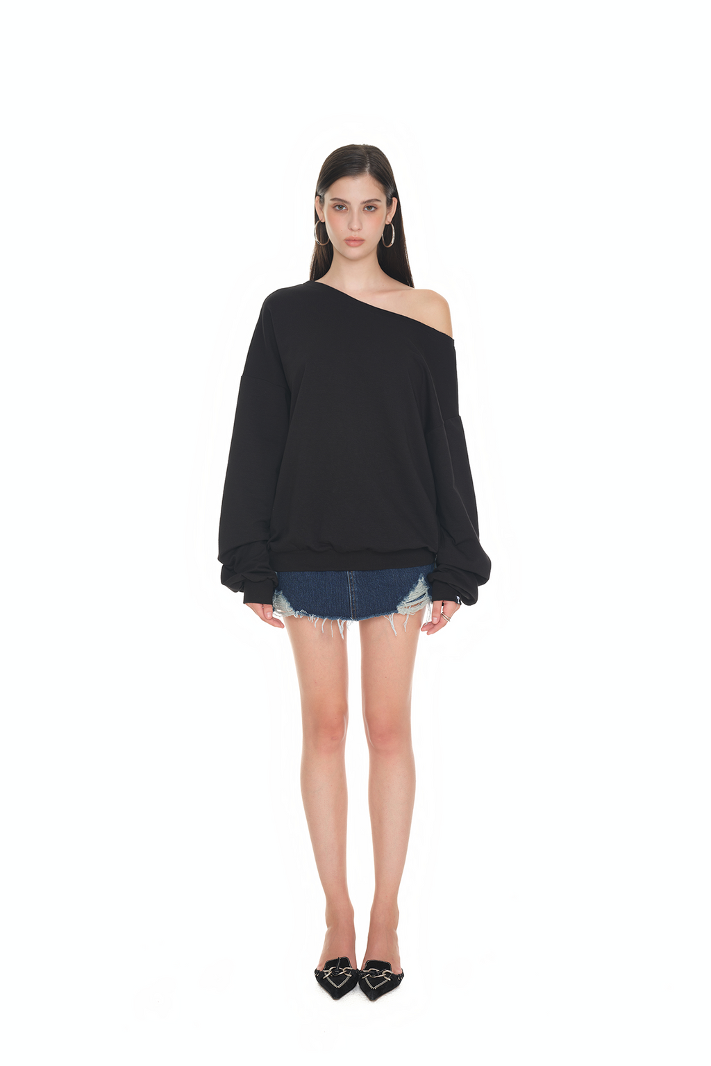 ASYMMETRIC ONE SHOULDER SWEATSHIRT (BLACK)