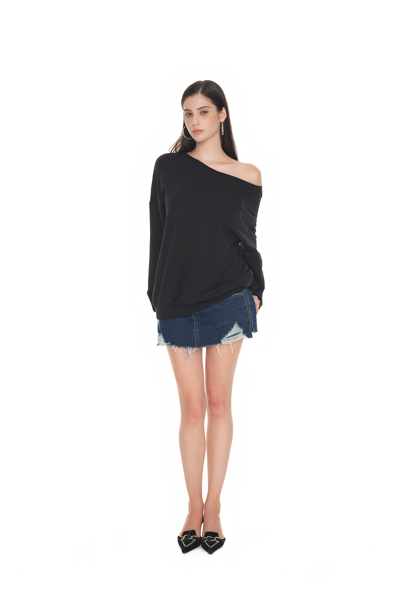 ASYMMETRIC ONE SHOULDER SWEATSHIRT (BLACK)