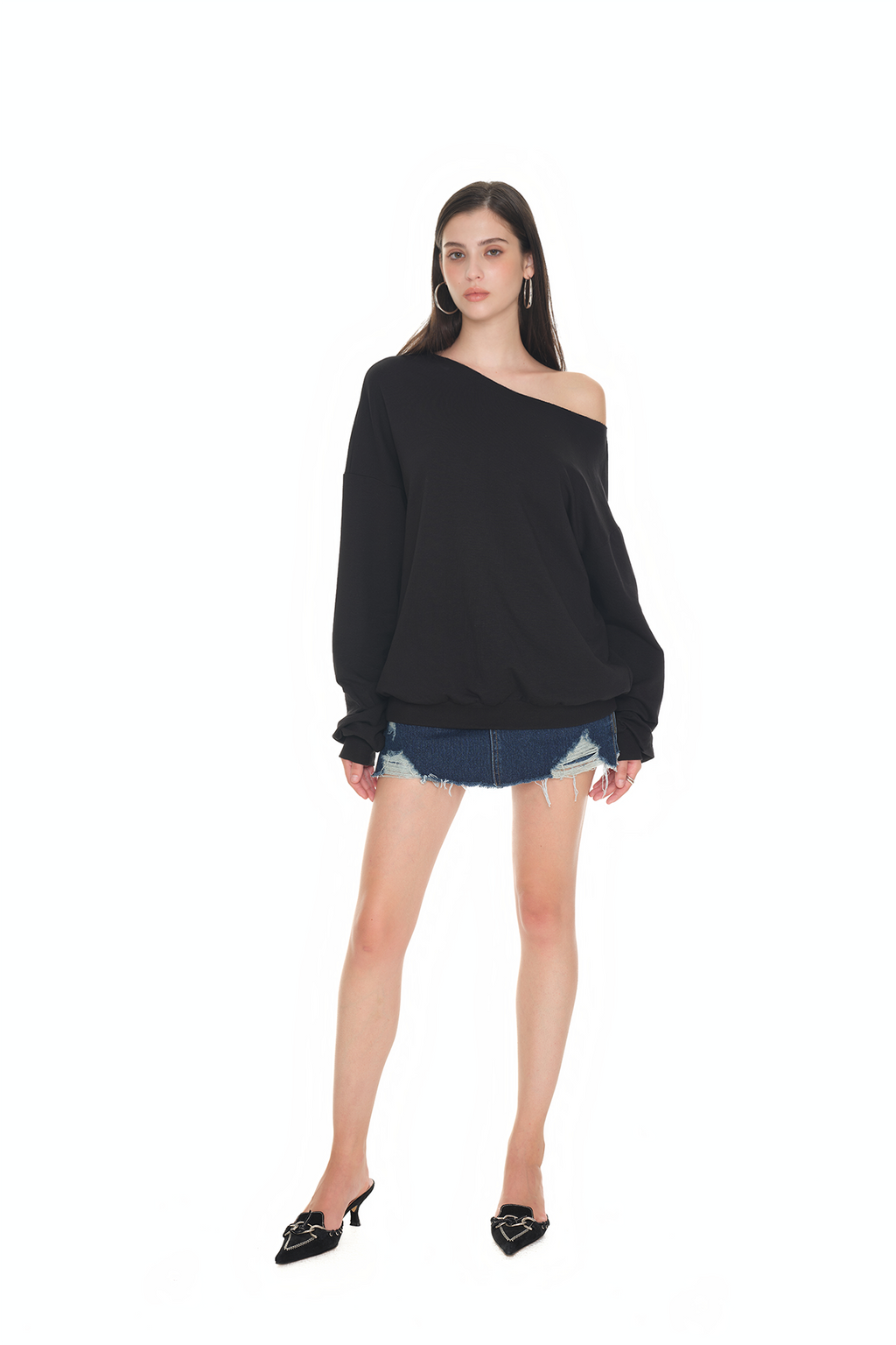 ASYMMETRIC ONE SHOULDER SWEATSHIRT (BLACK)