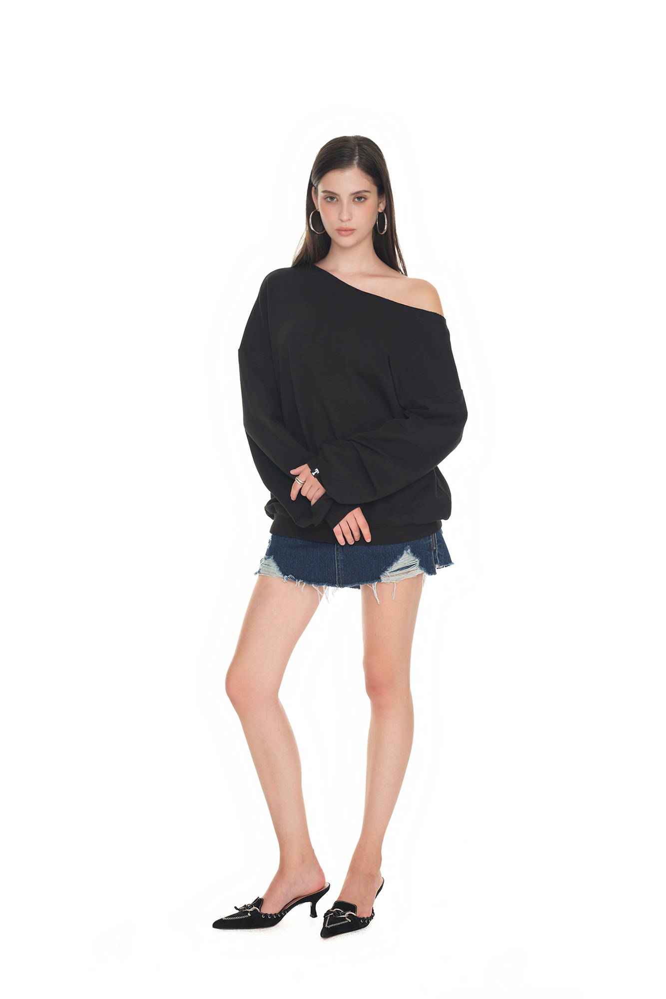 ASYMMETRIC ONE SHOULDER SWEATSHIRT (BLACK)