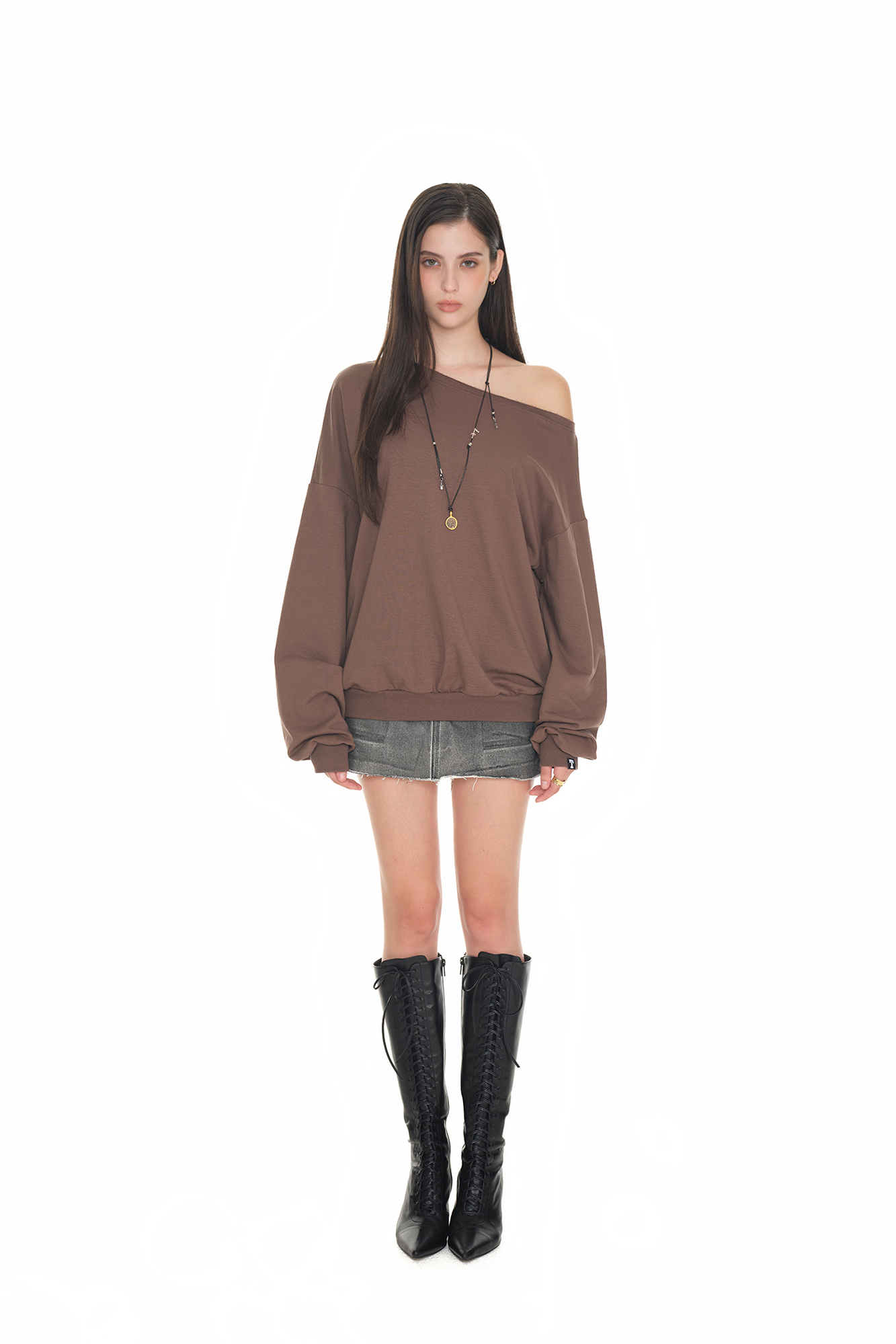 ASYMMETRIC ONE SHOULDER SWEATSHIRT (BROWN)