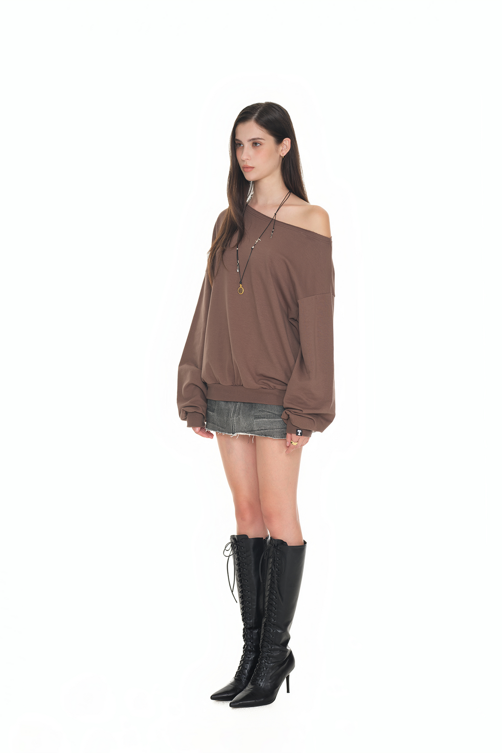ASYMMETRIC ONE SHOULDER SWEATSHIRT (BROWN)