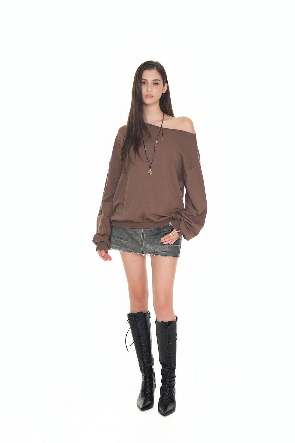 ASYMMETRIC ONE SHOULDER SWEATSHIRT (BROWN)