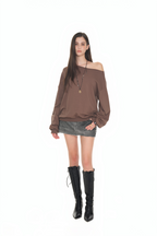 ASYMMETRIC ONE SHOULDER SWEATSHIRT (BROWN)