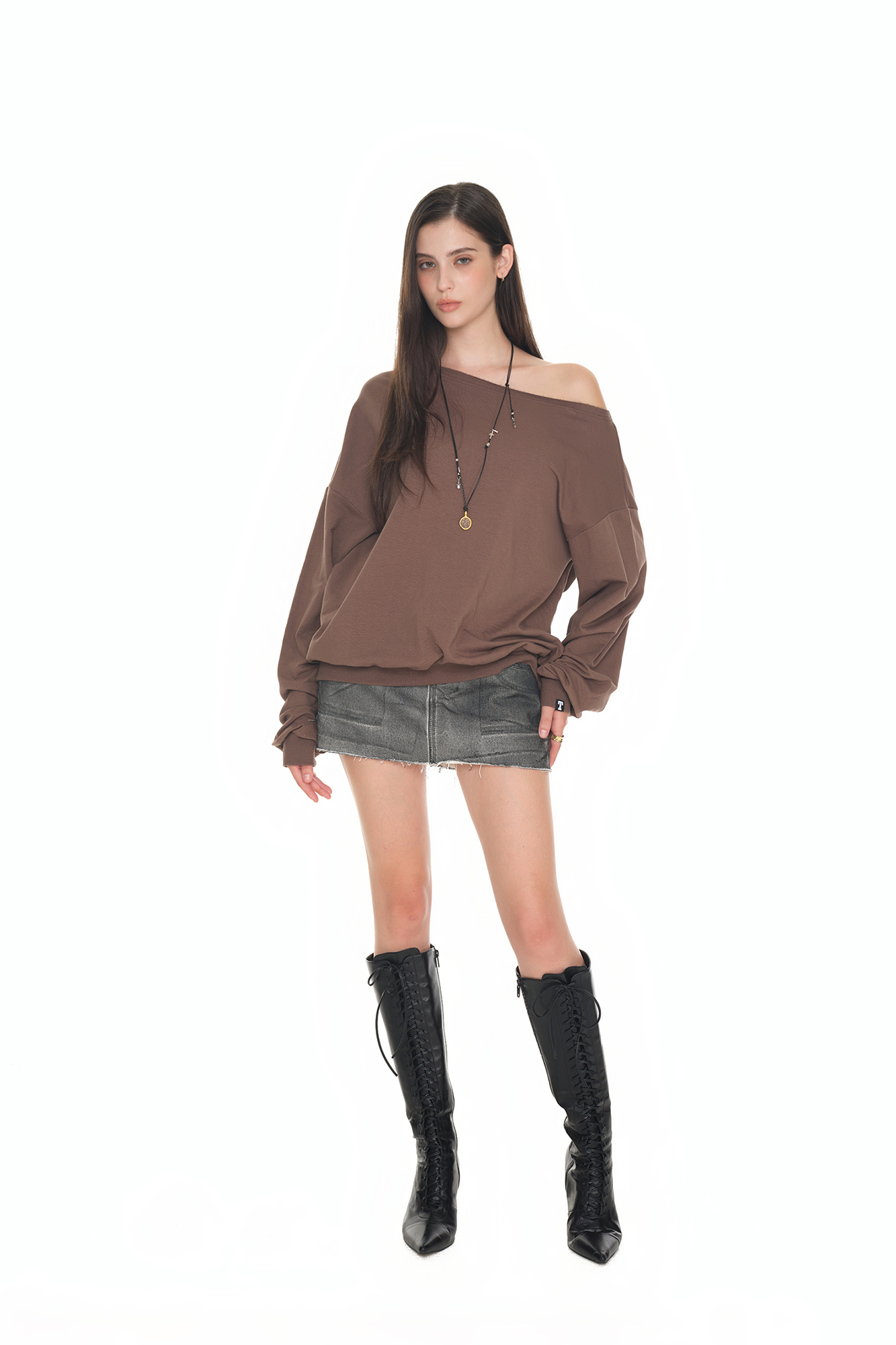 ASYMMETRIC ONE SHOULDER SWEATSHIRT (BROWN)
