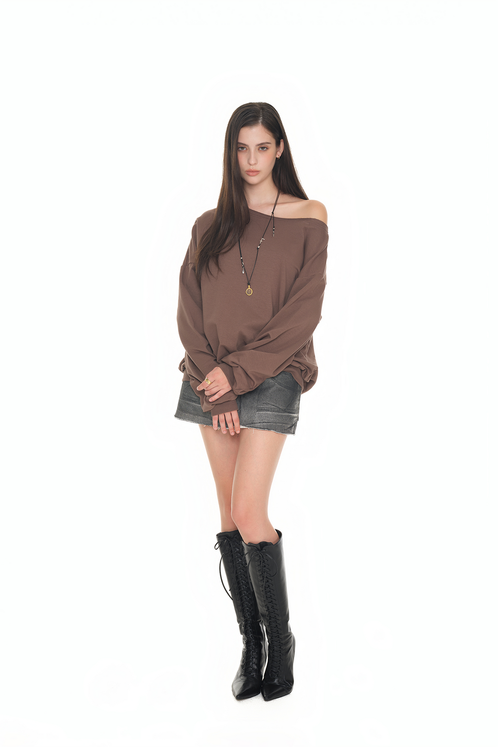 ASYMMETRIC ONE SHOULDER SWEATSHIRT (BROWN)
