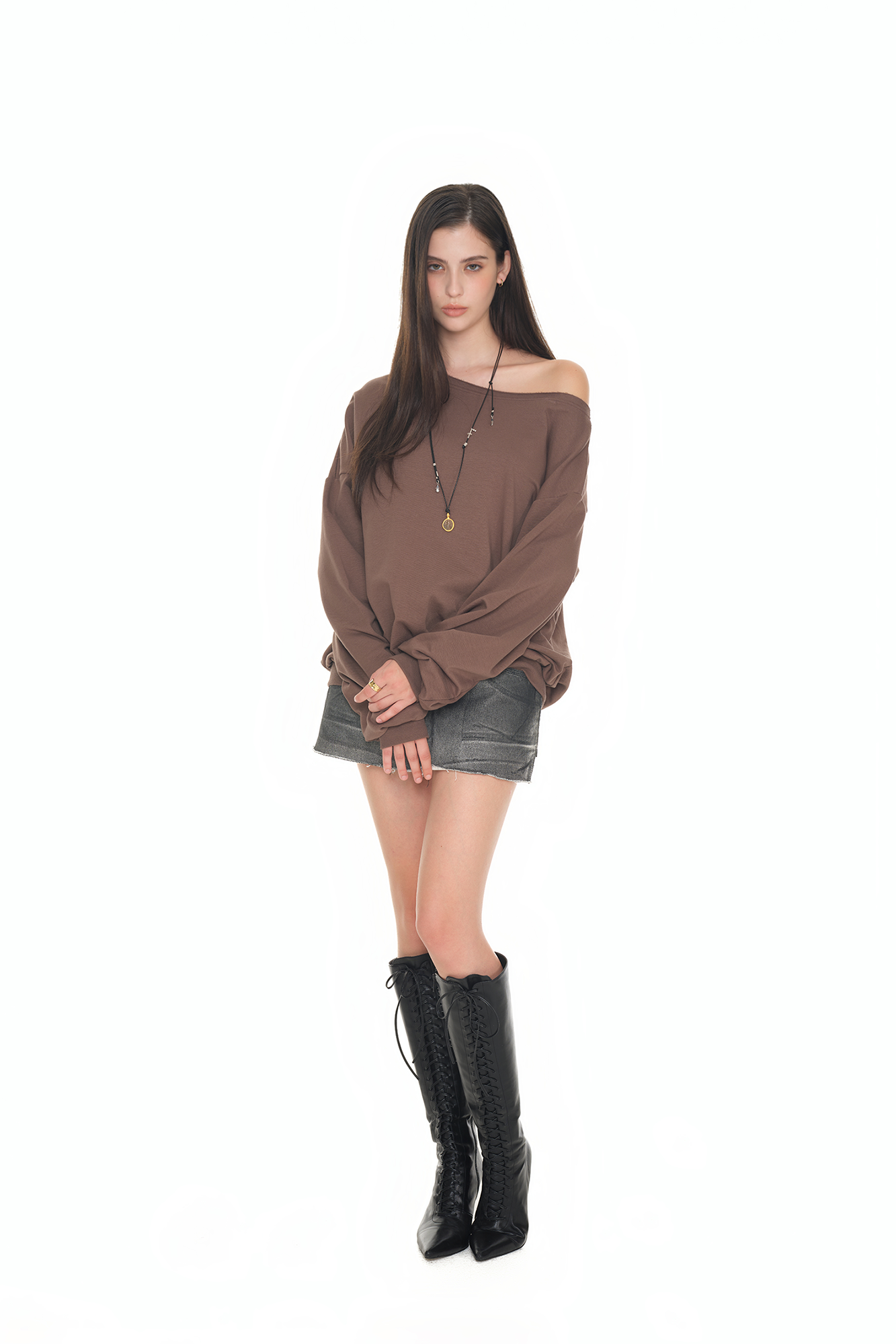 ASYMMETRIC ONE SHOULDER SWEATSHIRT (BROWN)