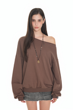 ASYMMETRIC ONE SHOULDER SWEATSHIRT (BROWN)