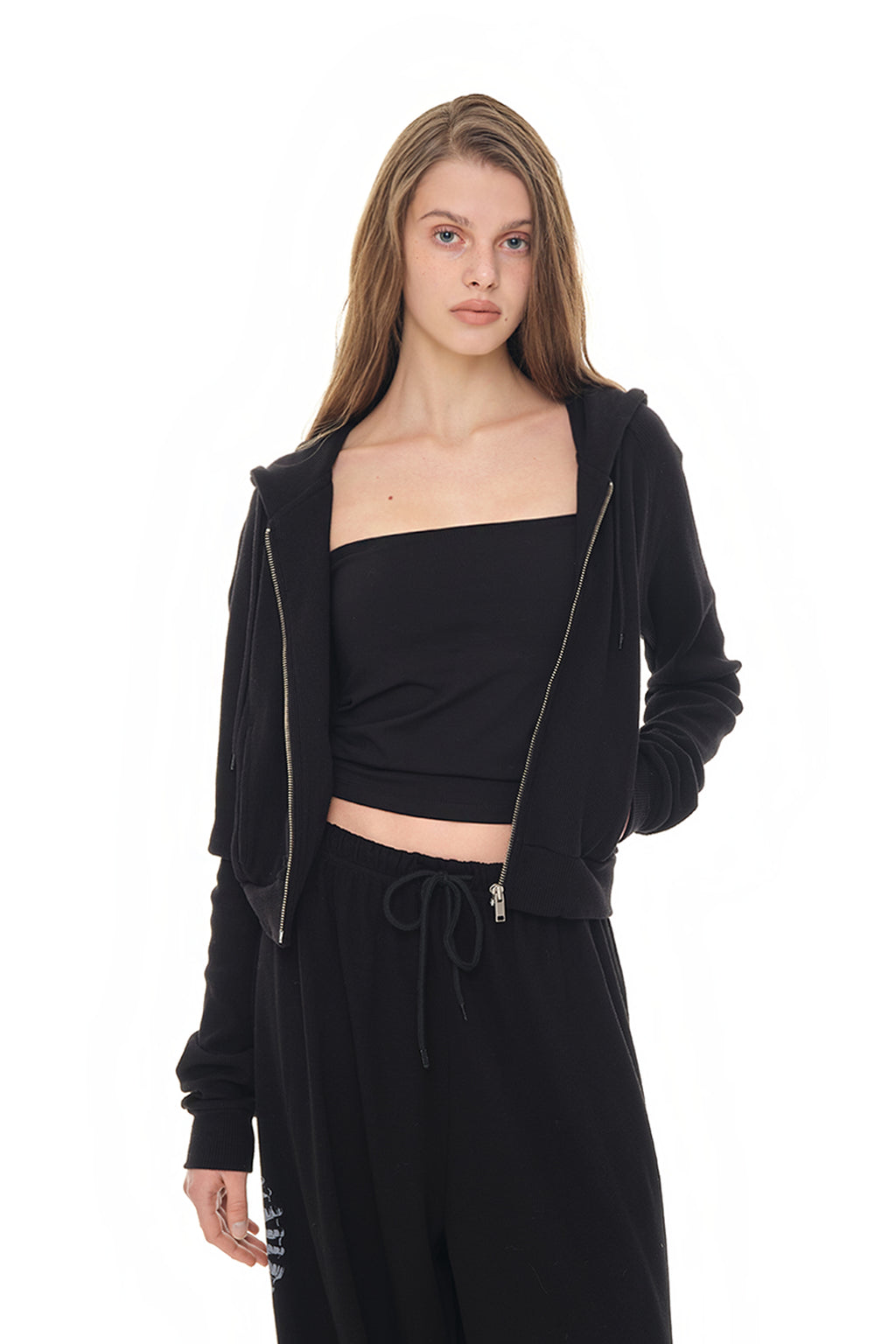 BASIC CROP WAFFLE ZIP-UP HOODIE (BLACK)