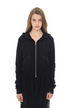 BASIC CROP WAFFLE ZIP-UP HOODIE (BLACK)