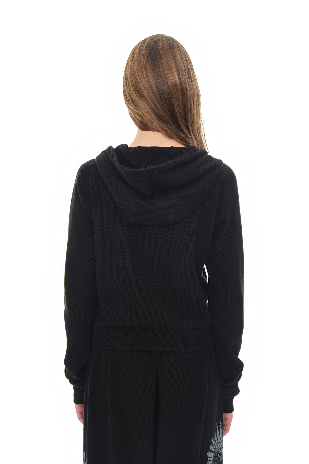 BASIC CROP WAFFLE ZIP-UP HOODIE (BLACK)