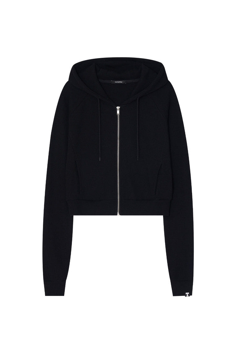 BASIC CROP WAFFLE ZIP-UP HOODIE (BLACK)