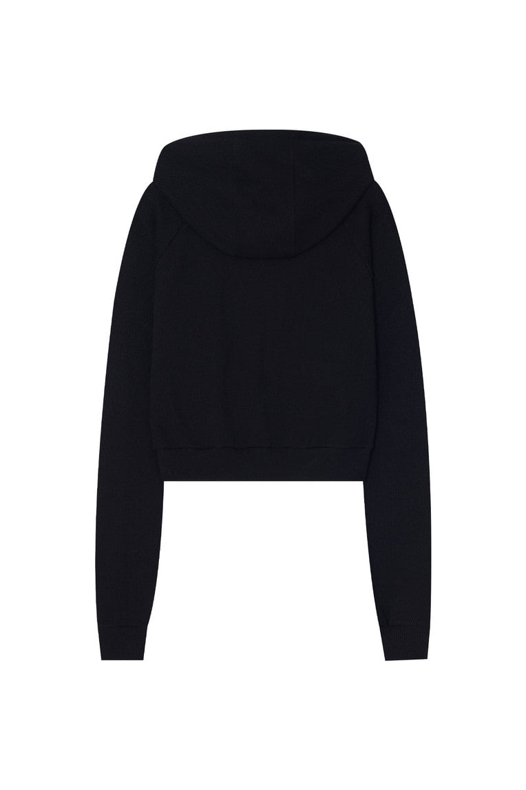 BASIC CROP WAFFLE ZIP-UP HOODIE (BLACK)