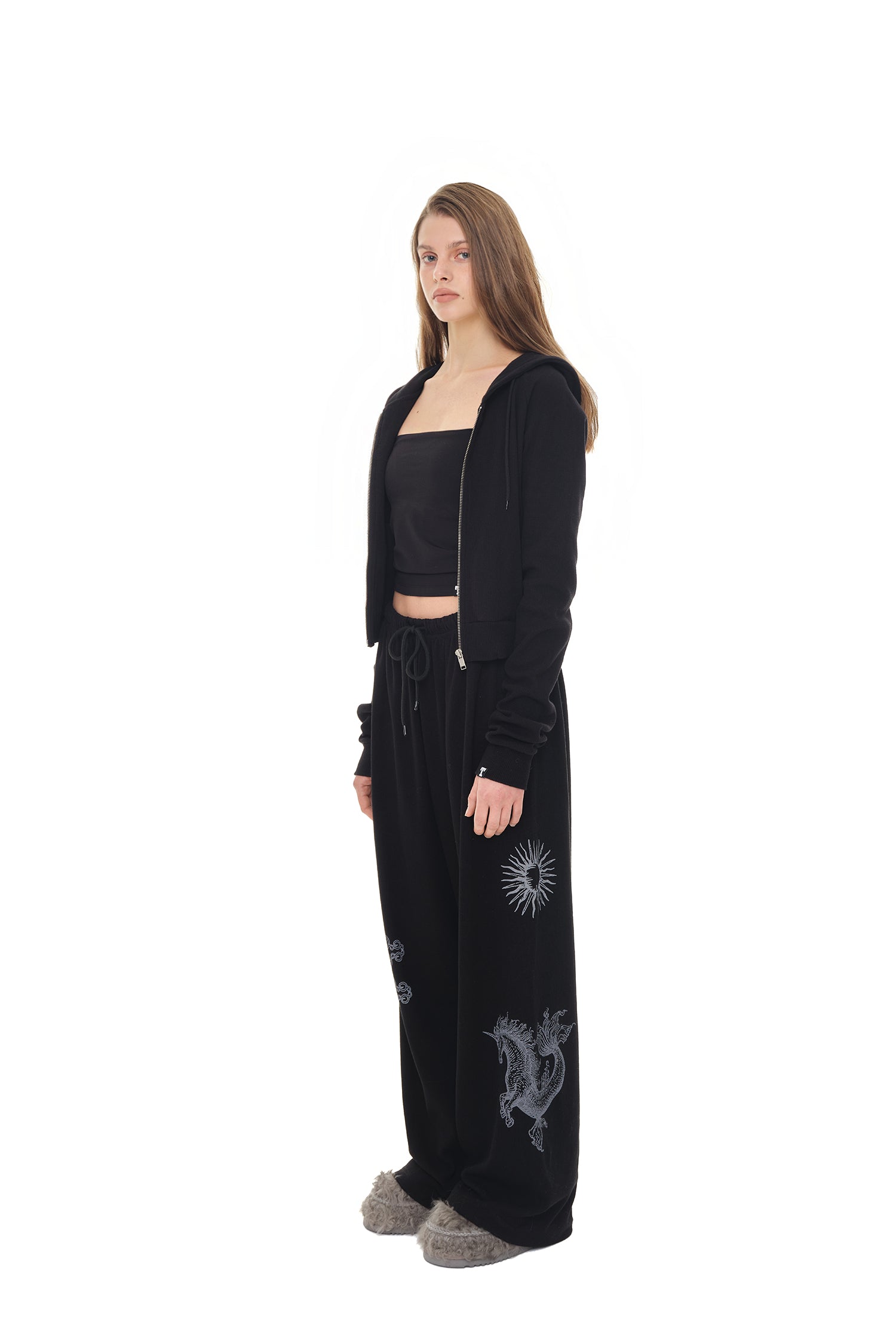 BASIC CROP WAFFLE ZIP-UP HOODIE (BLACK)