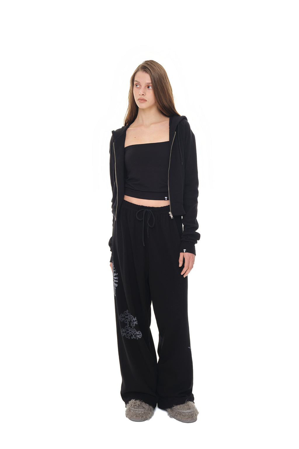 BASIC CROP WAFFLE ZIP-UP HOODIE (BLACK)