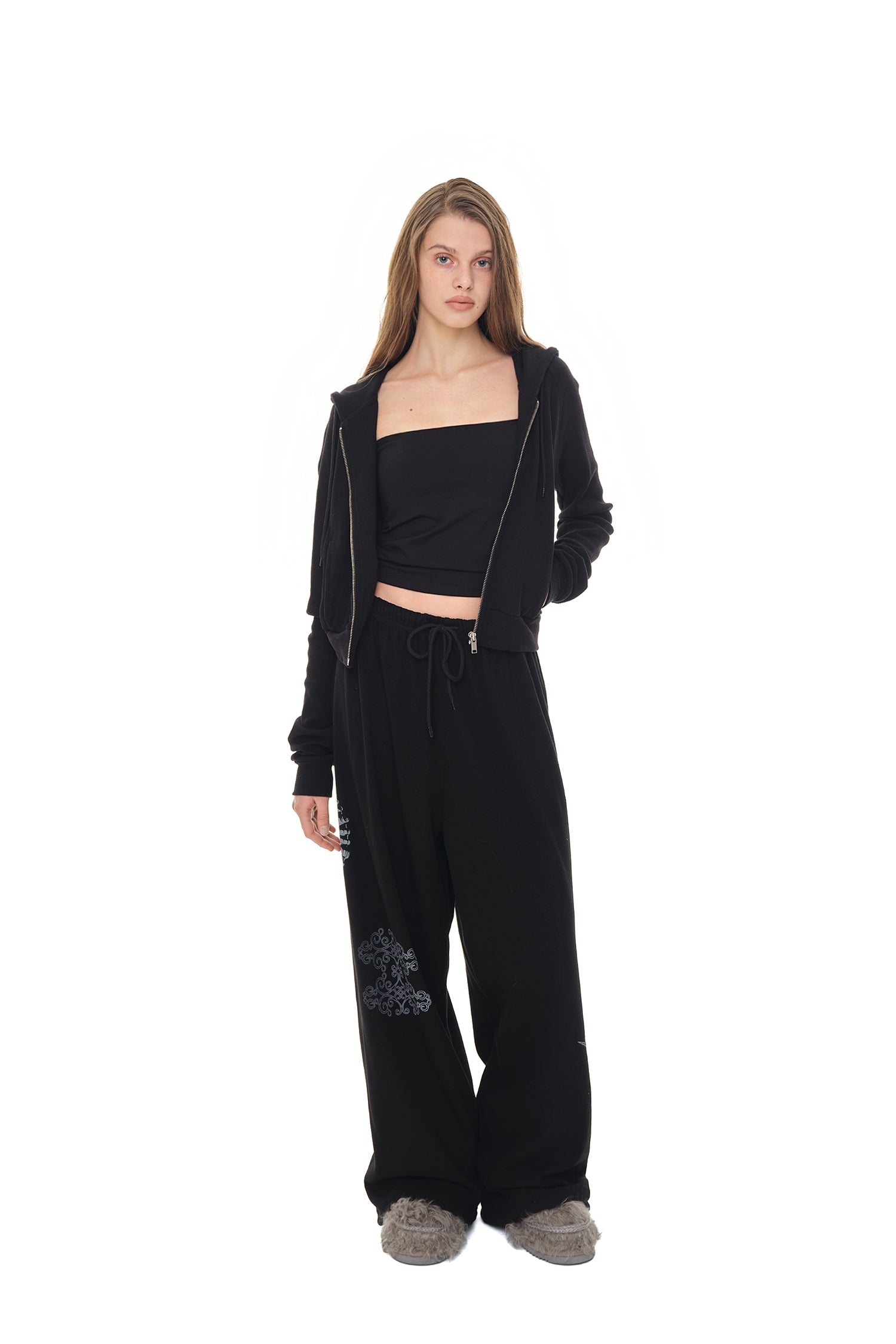 BASIC CROP WAFFLE ZIP-UP HOODIE (BLACK)