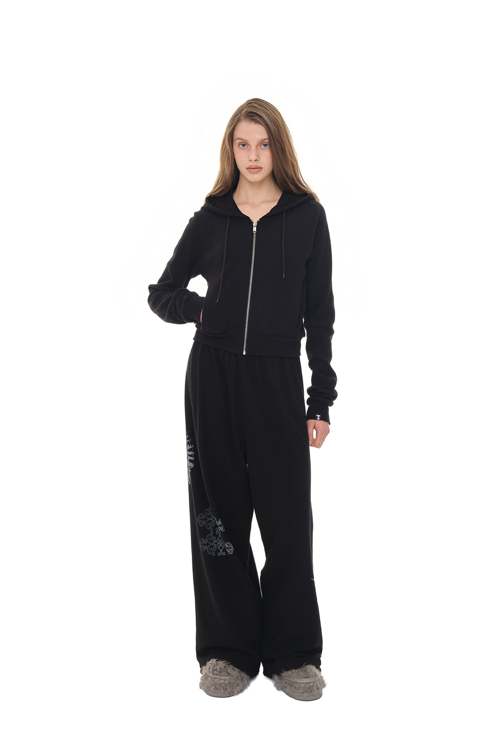 BASIC CROP WAFFLE ZIP-UP HOODIE (BLACK)