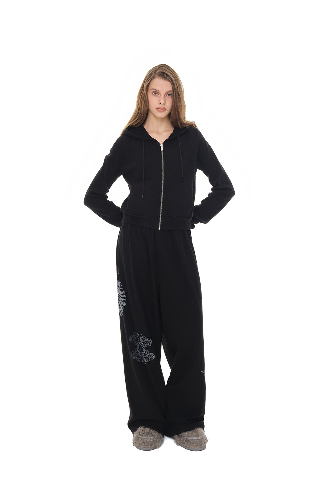 BASIC CROP WAFFLE ZIP-UP HOODIE (BLACK)