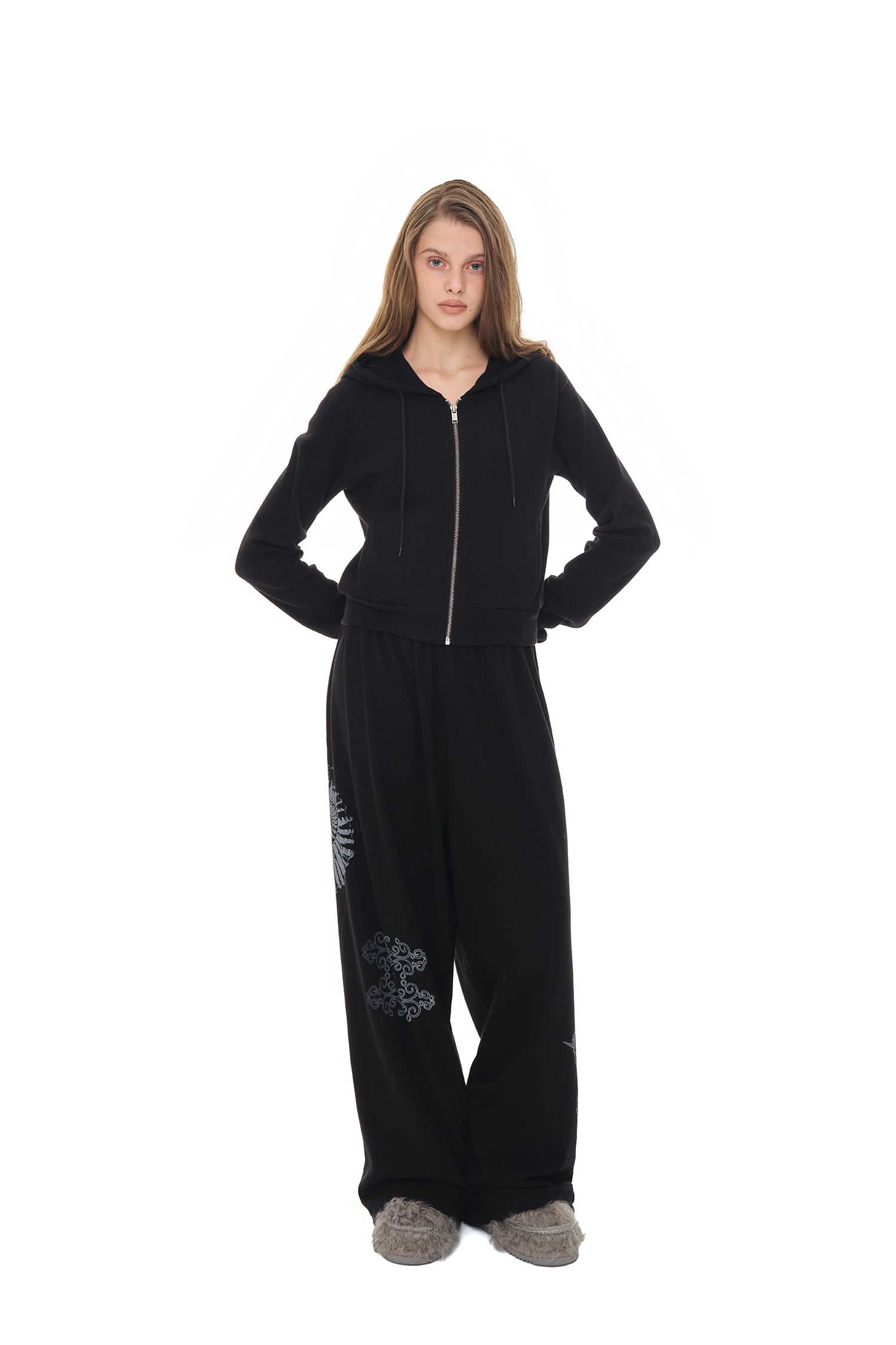BASIC CROP WAFFLE ZIP-UP HOODIE (BLACK)