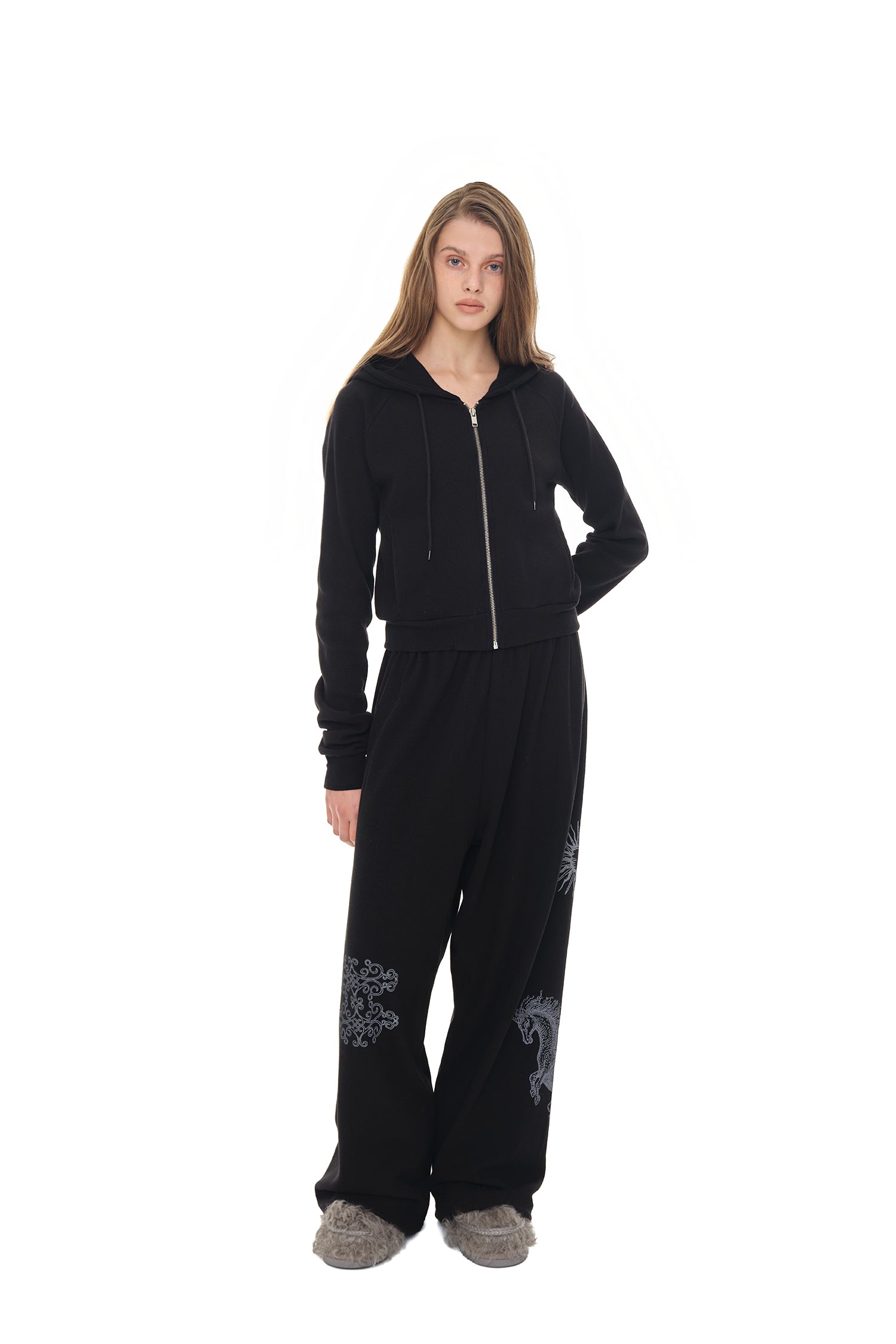 BASIC CROP WAFFLE ZIP-UP HOODIE (BLACK)