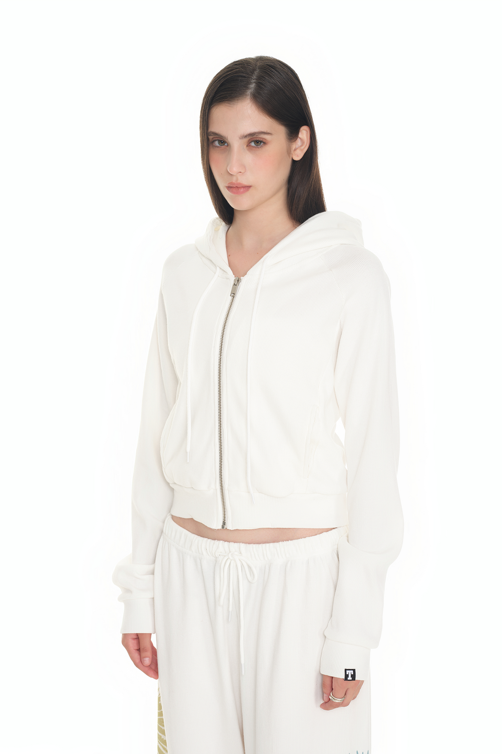 BASIC CROP WAFFLE ZIP-UP HOODIE (WHITE)