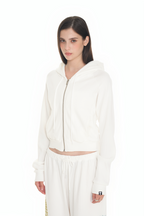 BASIC CROP WAFFLE ZIP-UP HOODIE (WHITE)