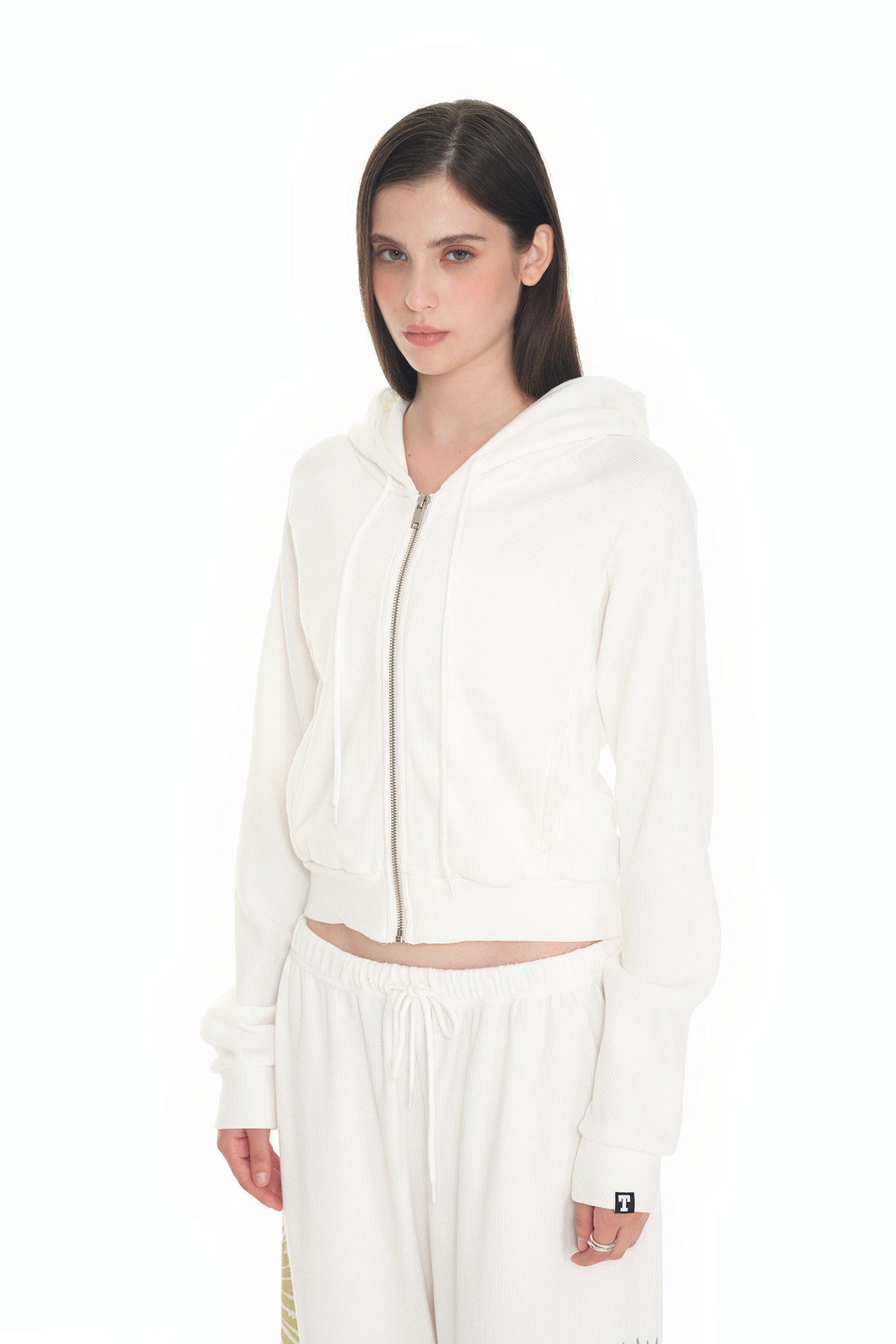BASIC CROP WAFFLE ZIP-UP HOODIE (WHITE)