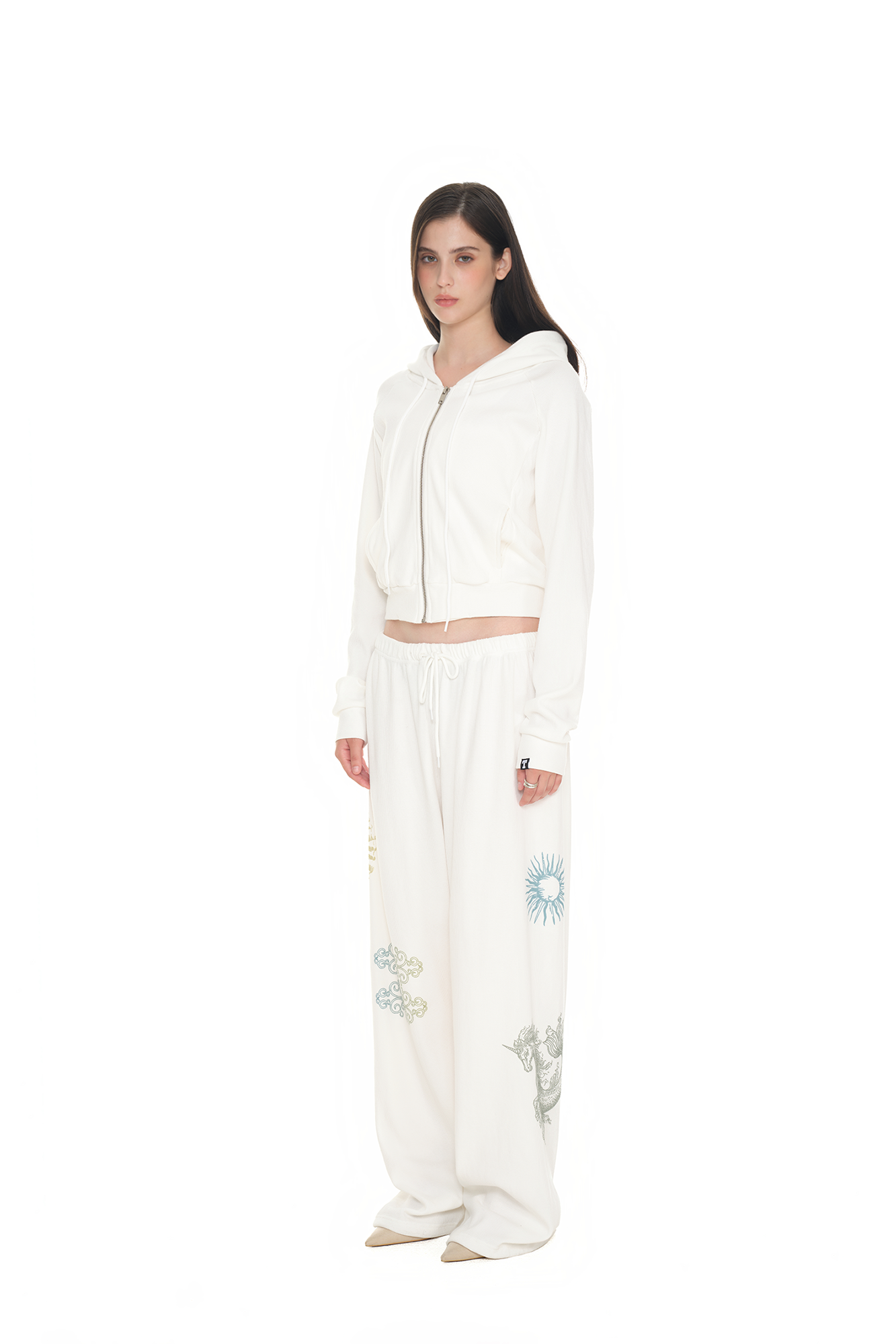 BASIC CROP WAFFLE ZIP-UP HOODIE (WHITE)