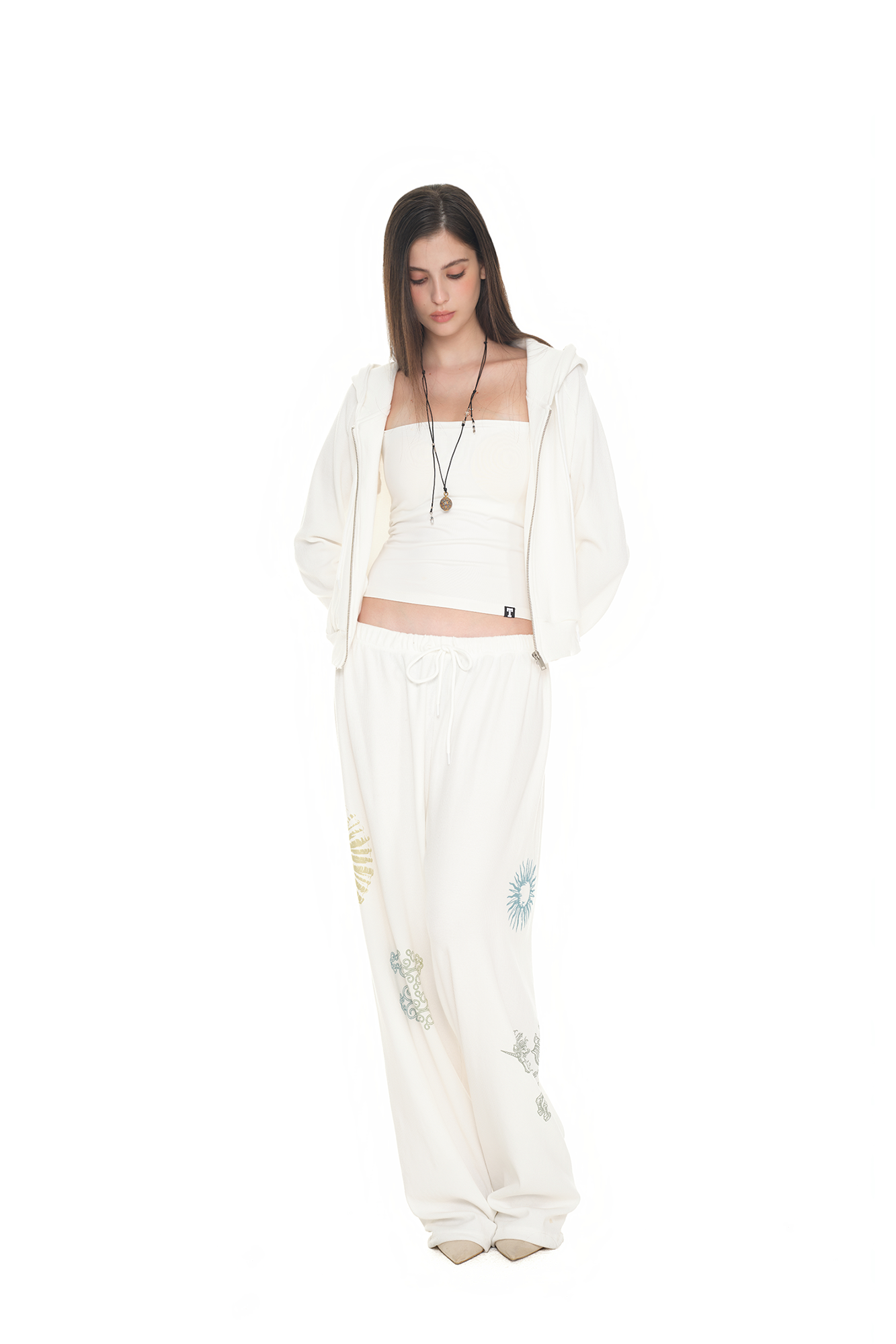 BASIC CROP WAFFLE ZIP-UP HOODIE (WHITE)
