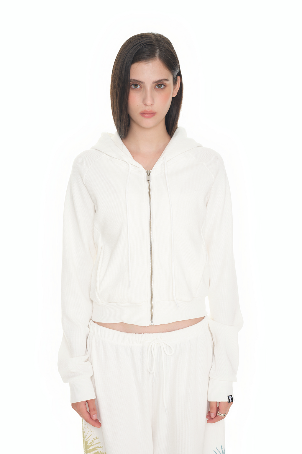 BASIC CROP WAFFLE ZIP-UP HOODIE (WHITE)