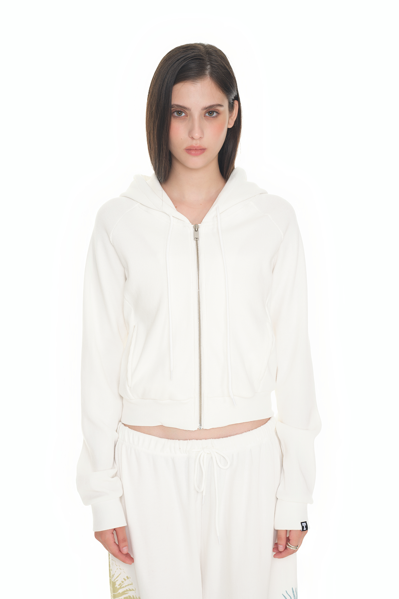 BASIC CROP WAFFLE ZIP-UP HOODIE (WHITE)
