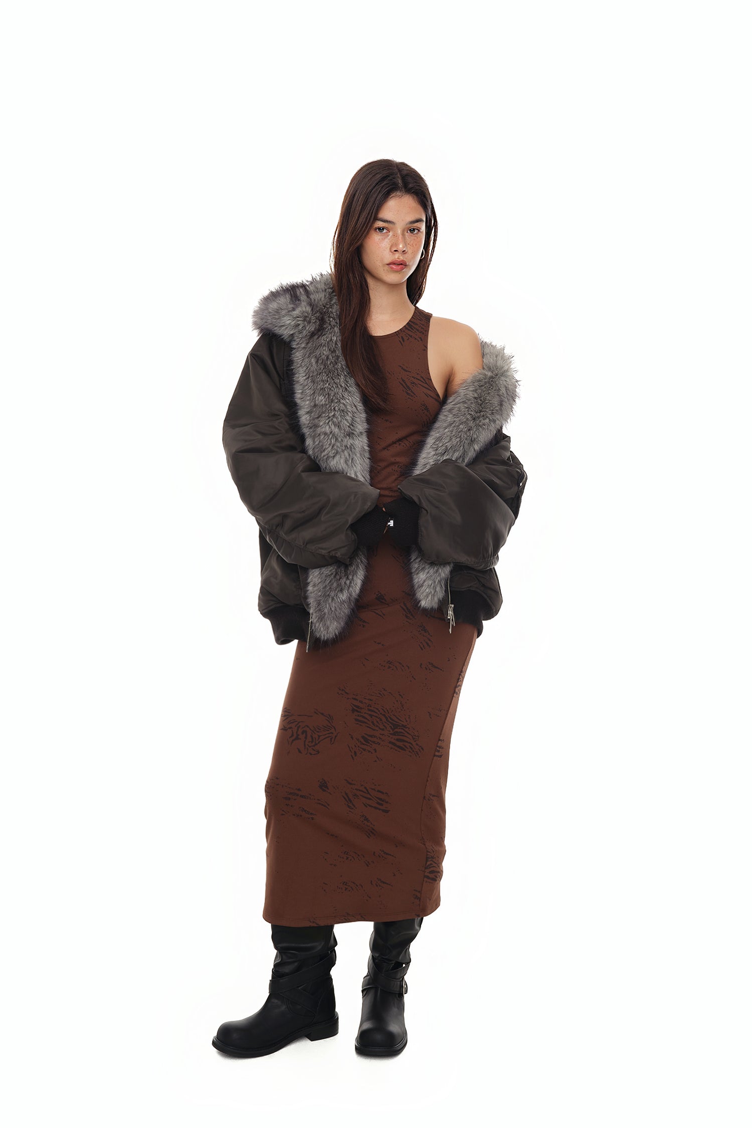 FAUX FUR BOMBER JACKET (CHARCOAL)
