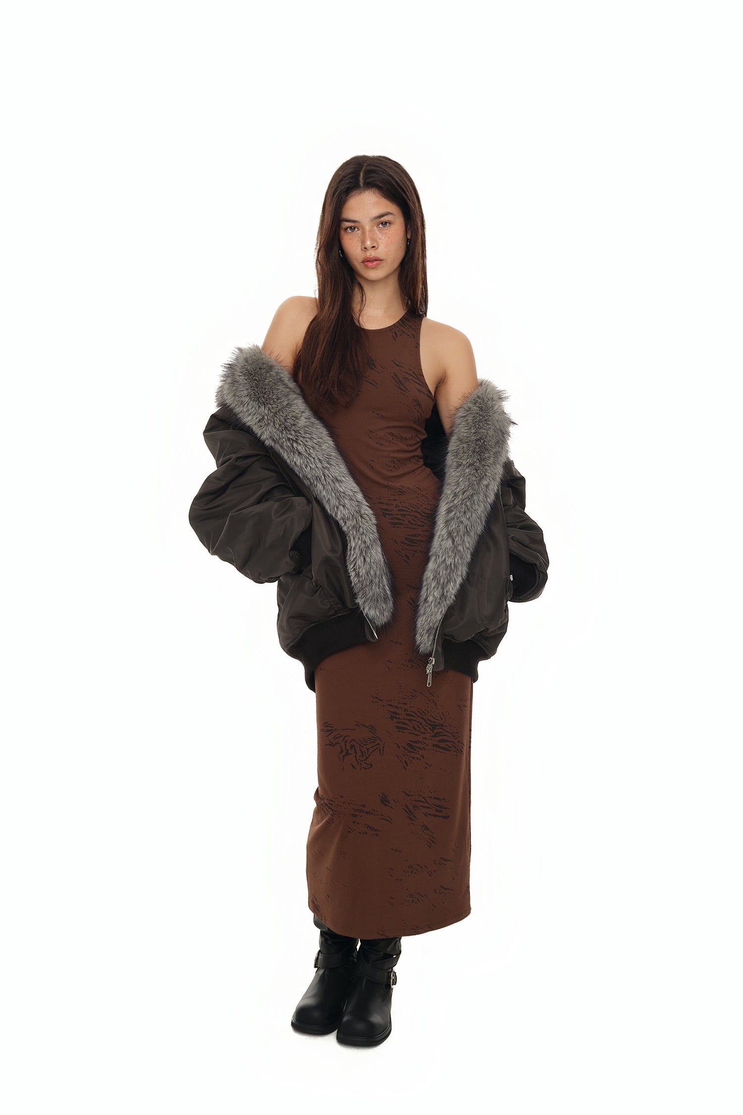 FAUX FUR BOMBER JACKET (CHARCOAL)