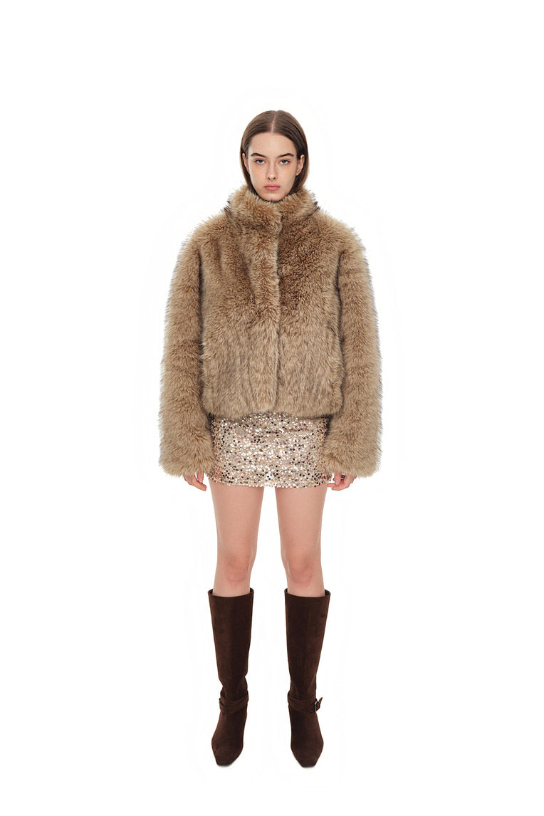 FAUX FUR CROPPED JACKET (BEIGE)