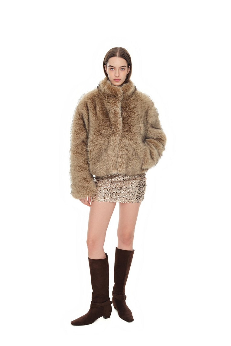FAUX FUR CROPPED JACKET (BEIGE)