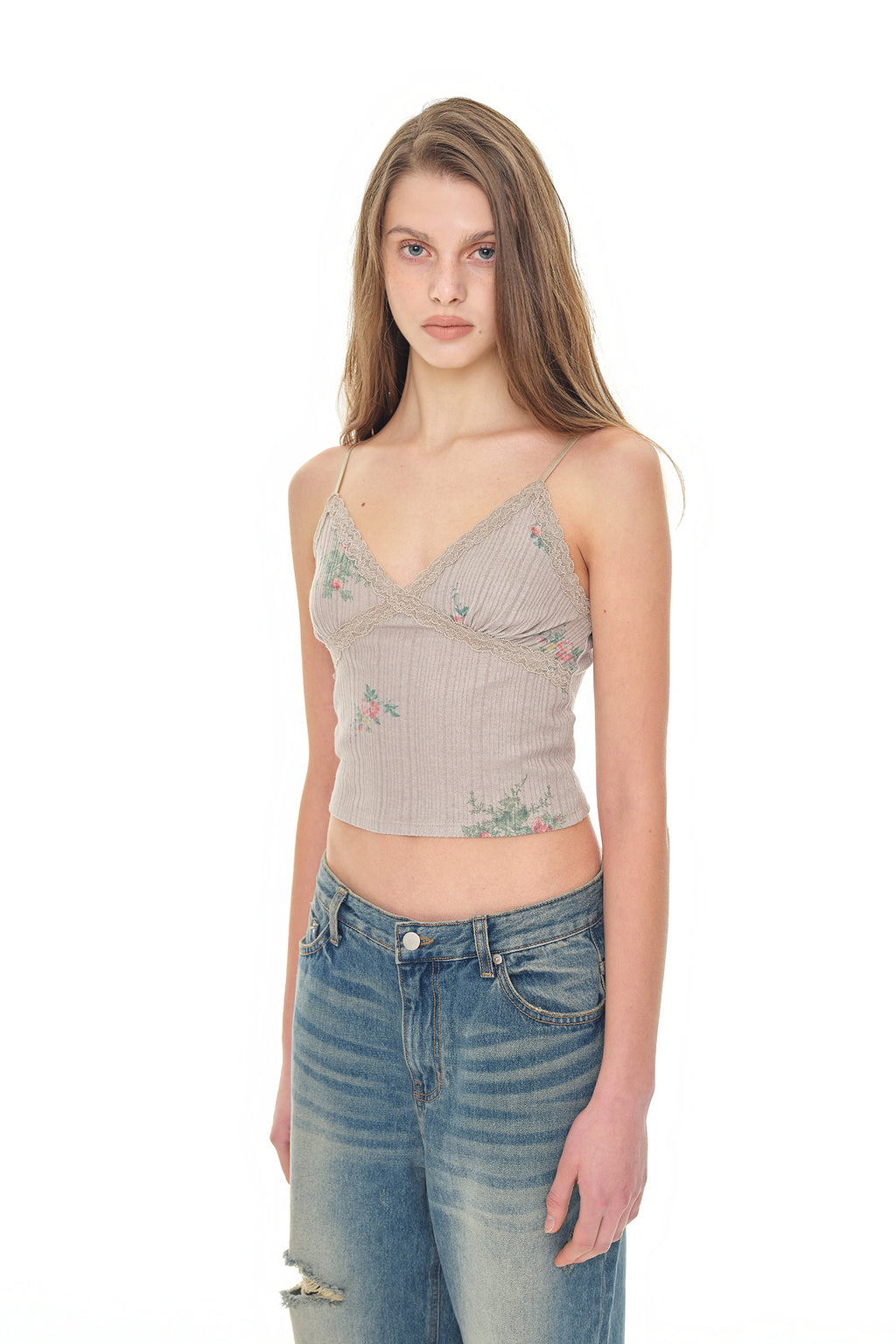 FLORAL LACE RIBBED CAMI TOP (BEIGE)