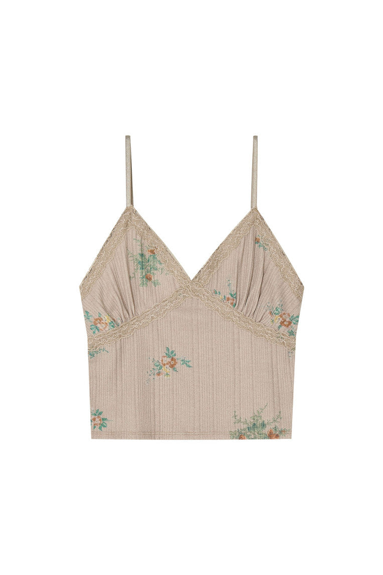 FLORAL LACE RIBBED CAMI TOP (BEIGE)