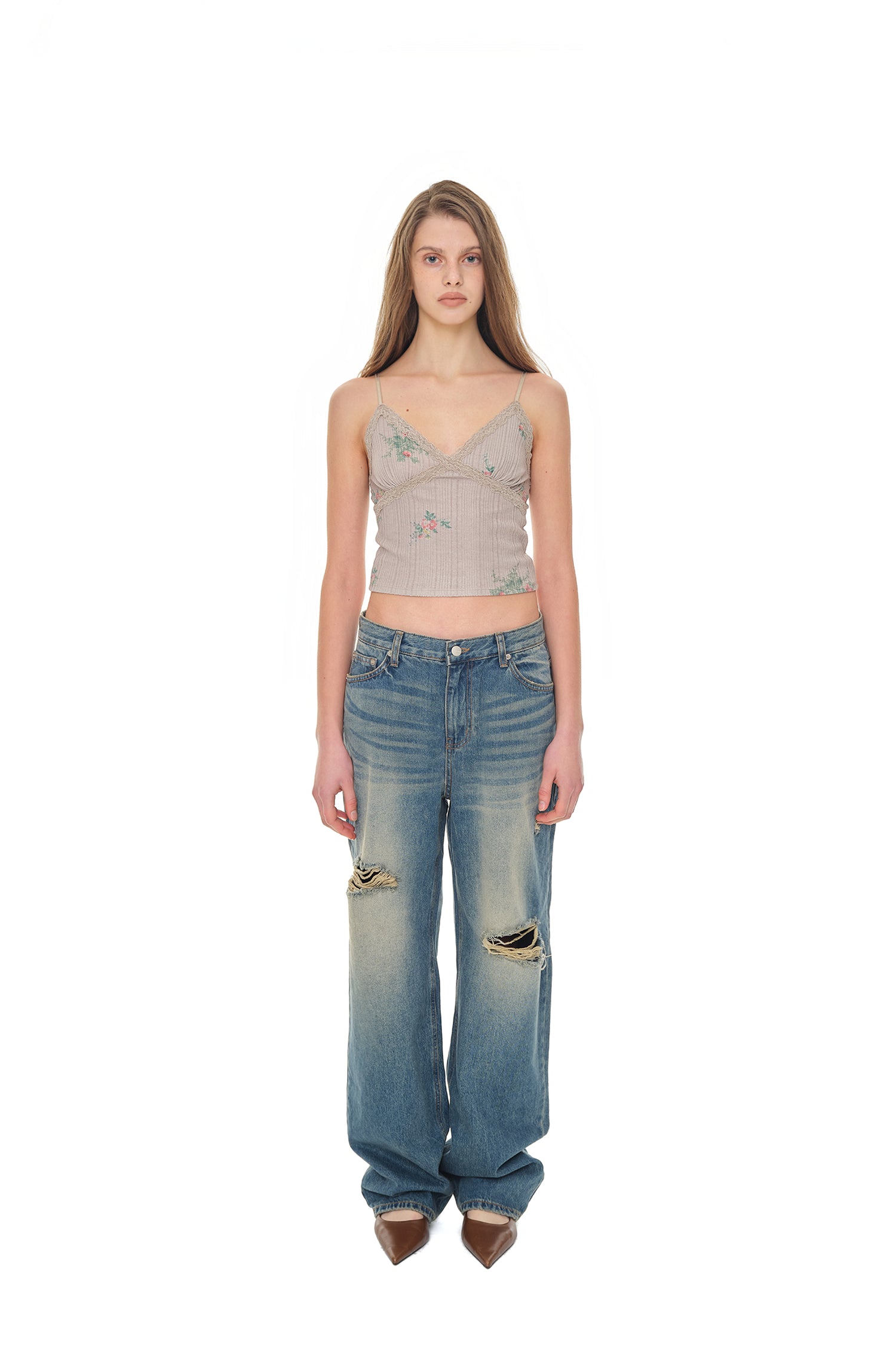 FLORAL LACE RIBBED CAMI TOP (BEIGE)