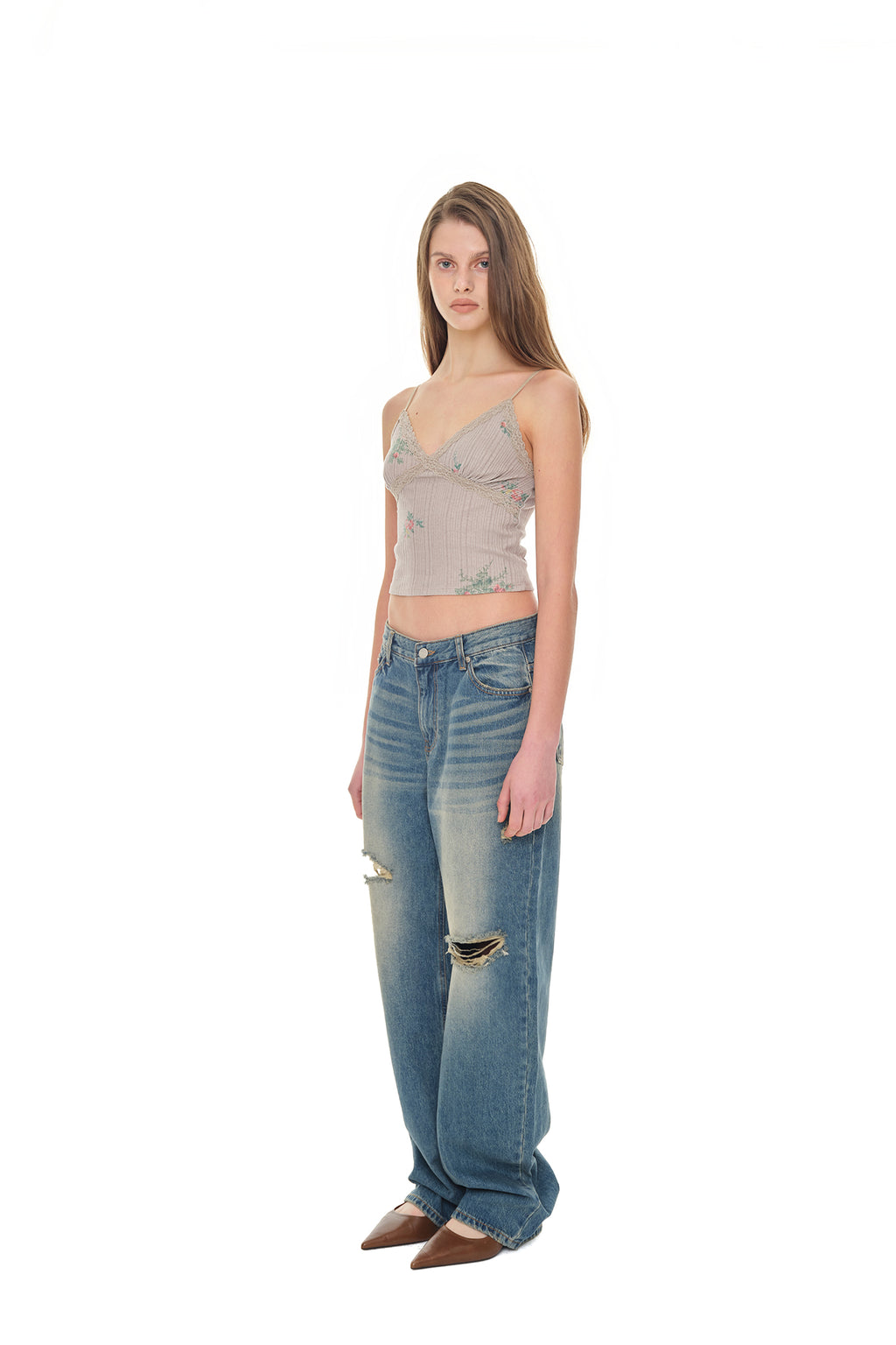 FLORAL LACE RIBBED CAMI TOP (BEIGE)