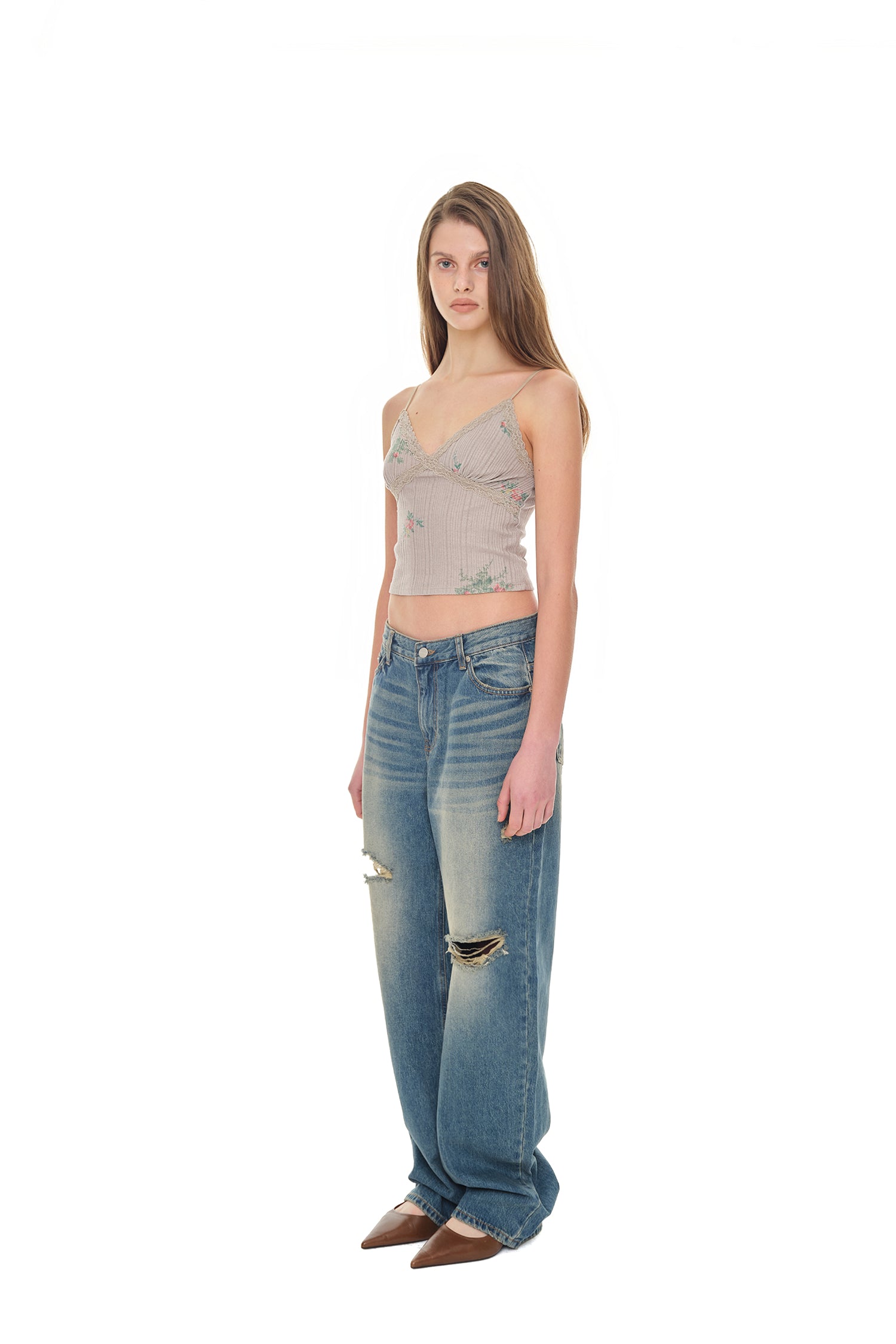 FLORAL LACE RIBBED CAMI TOP (BEIGE)