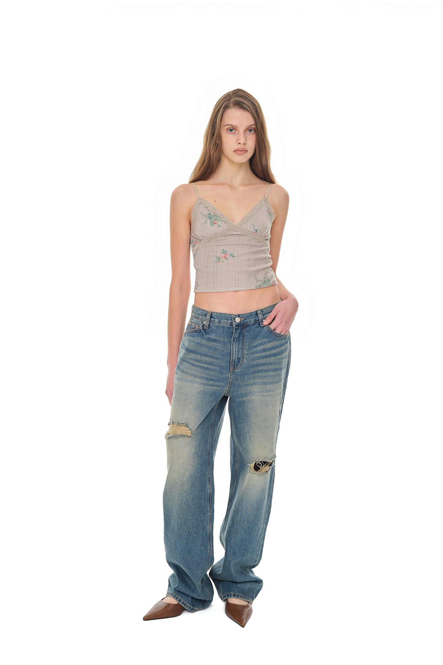 FLORAL LACE RIBBED CAMI TOP (BEIGE)