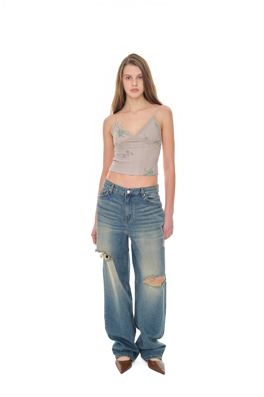 FLORAL LACE RIBBED CAMI TOP (BEIGE)