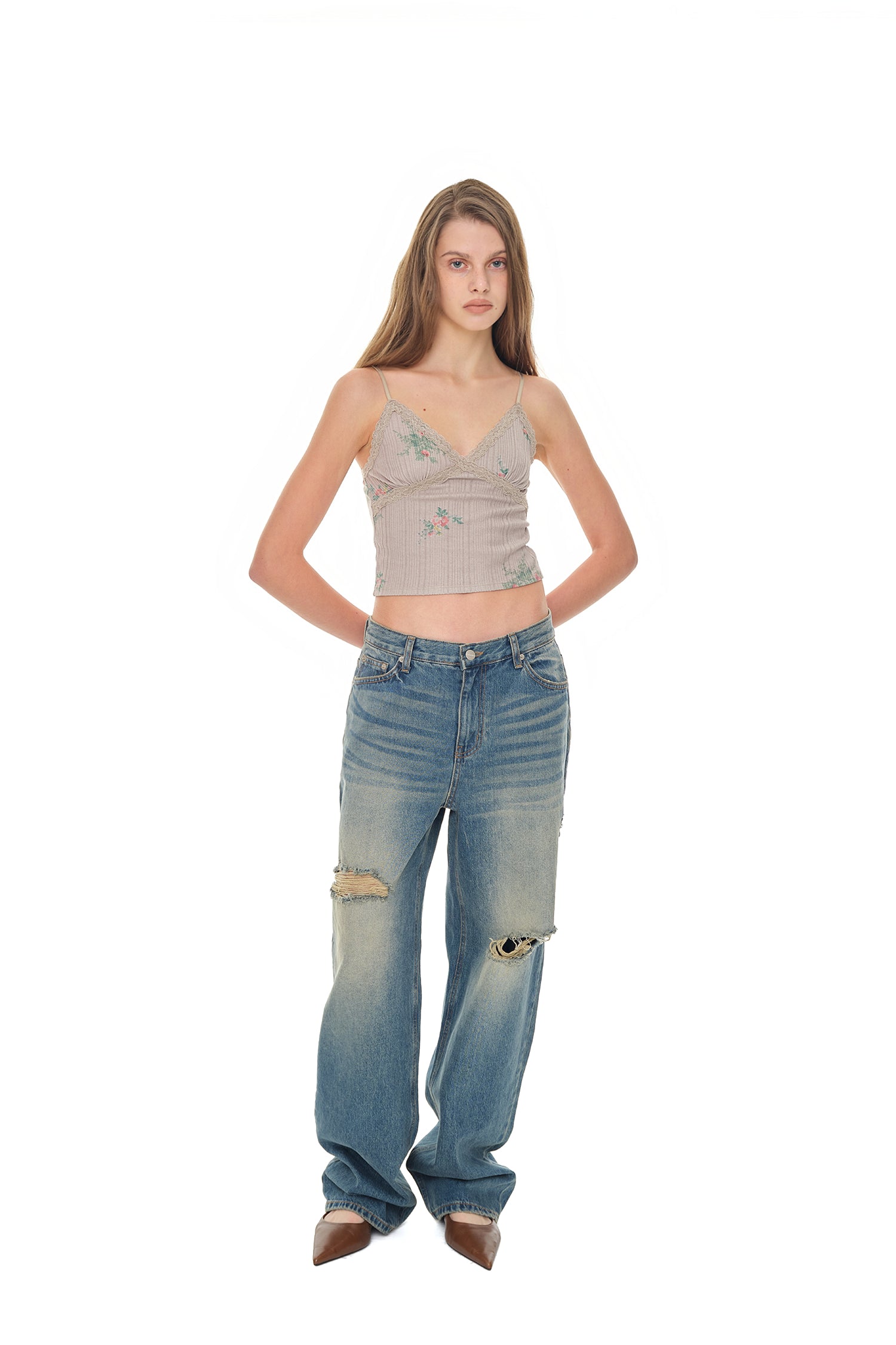 FLORAL LACE RIBBED CAMI TOP (BEIGE)