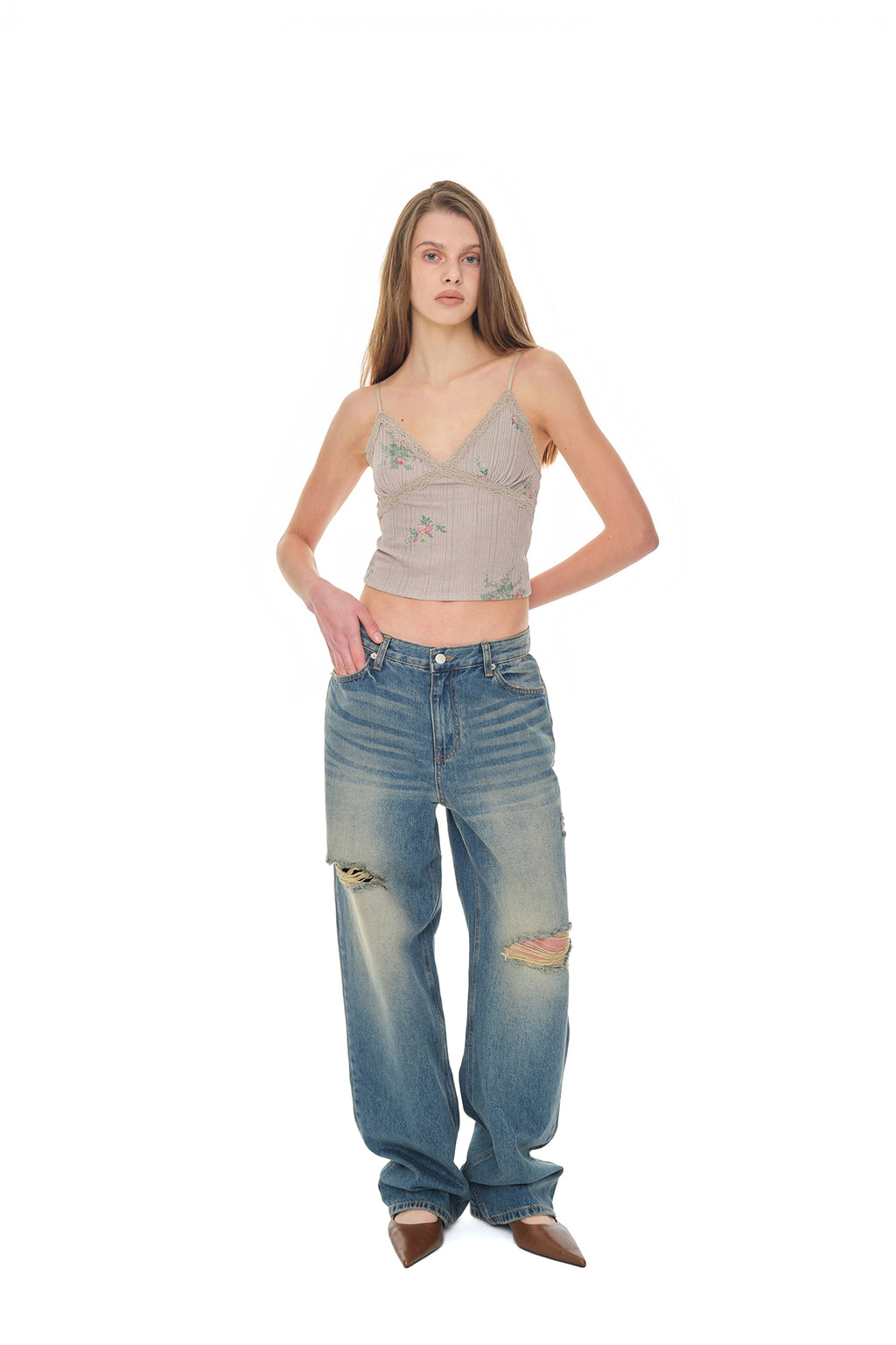 FLORAL LACE RIBBED CAMI TOP (BEIGE)